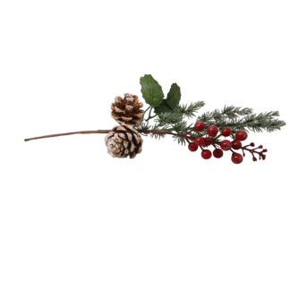 Веточка искусственная декоративная, ель, ягоды, шишки 36см
