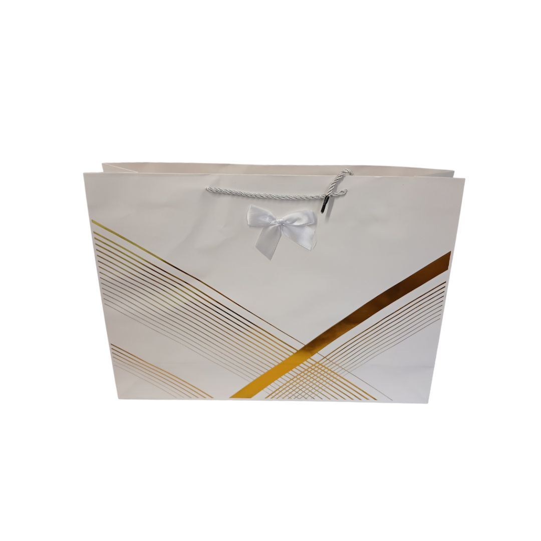 Punga p/u cadou carton dungi aurii, bant 32*45*12cm 1 Punga p/u cadou carton dungi aurii, bant 32*45*12cm 1