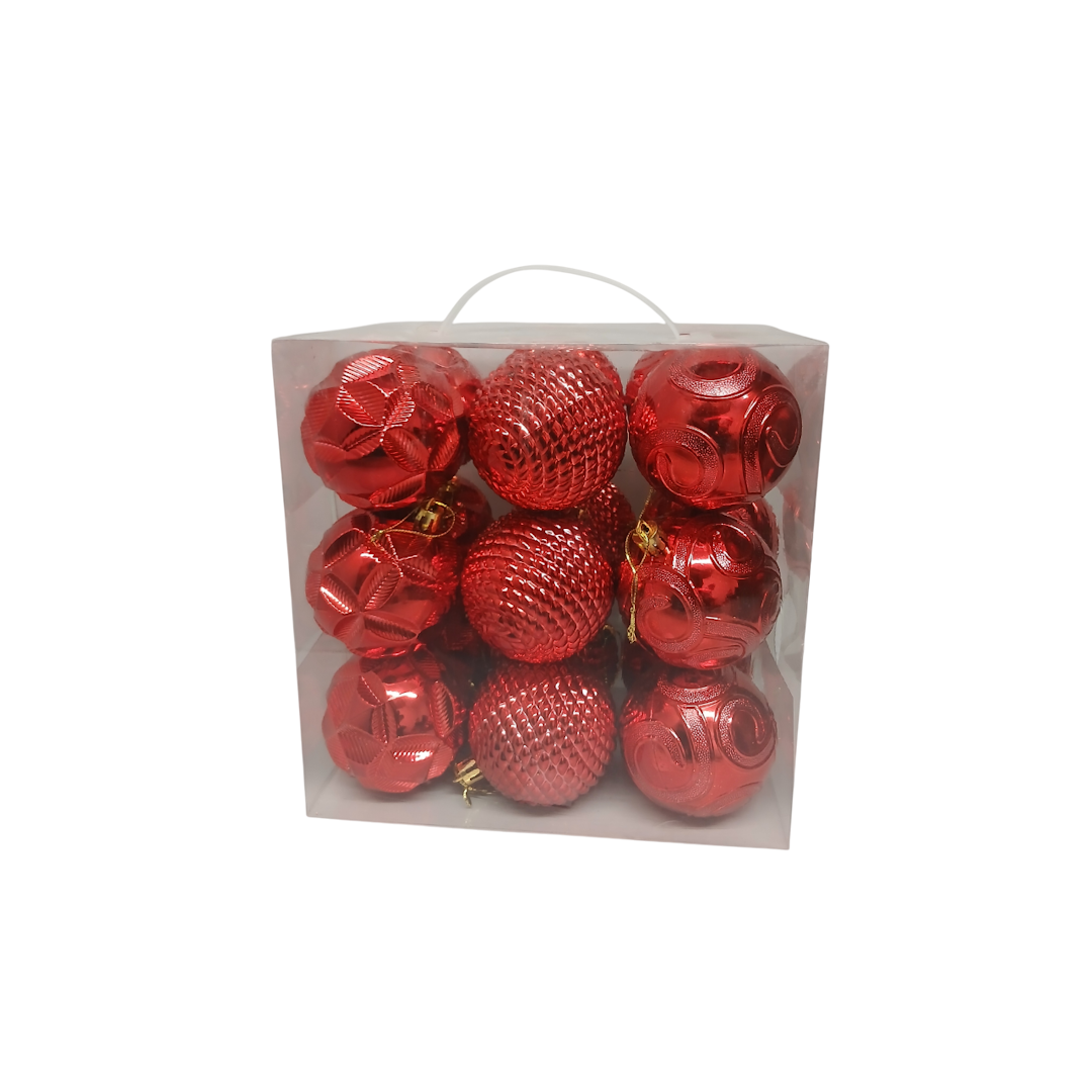 Шар новогодний D7см 18шт 3 вида однотонные рис./резные/шишка красные3 1 Шар новогодний D7см 18шт 3 вида однотонные рис./резные/шишка красные3 1