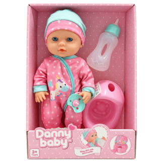 Jucarie pups cu oala si sticla 30cm Danny Baby